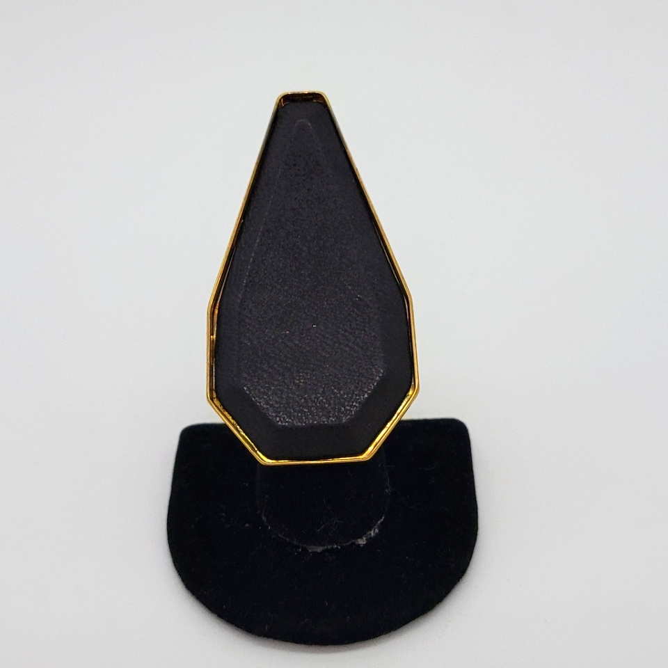 Vita Fede Black Leather Coffen Shaped Ring In 24k Yellow Gold-Plated Casing New
